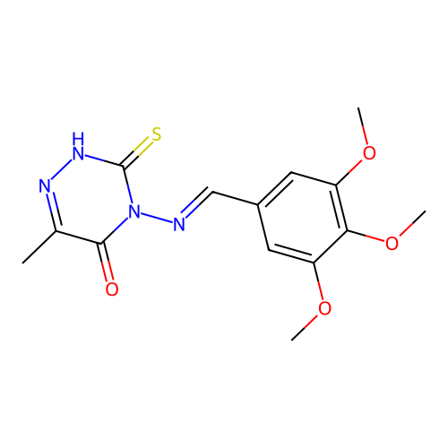 3-mercapto-6-methyl-4-[(3,4,5-trimethoxybenzylidene)amino]-1,2,4-triazin-5(4H)-one structure