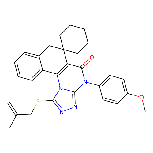4-(4-methoxyphenyl)-1-((2-methylallyl)thio)-4H-spiro[benzo[h][1,2,4]triazolo[4,3-a]quinazoline-6,1'-cyclohexan]-5(7H)-one structure