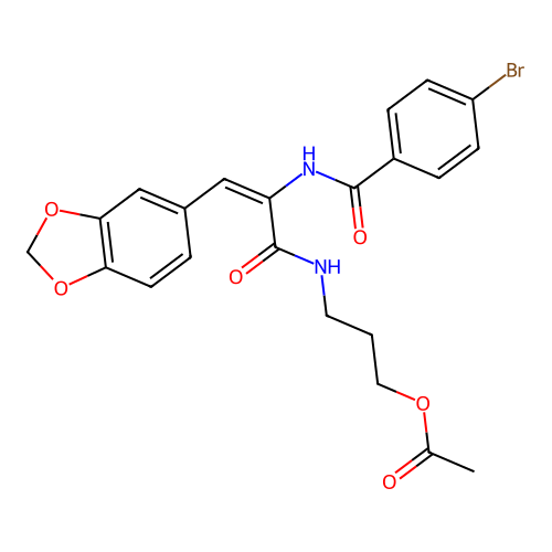 (E)-3-(3-(benzo[d][1,3]dioxol-5-yl)-2-(4-bromobenzamido)acrylamido)propyl acetate structure