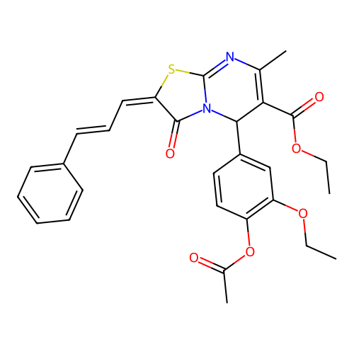 (E)-ethyl 5-(4-acetoxy-3-ethoxyphenyl)-7-methyl-3-oxo-2-((E)-3-phenylallylidene)-3,5-dihydro-2H-thiazolo[3,2-a]pyrimidine-6-carboxylate structure