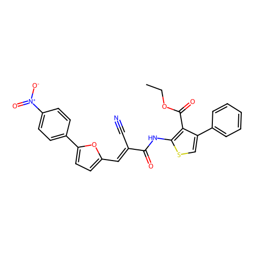 (E)-ethyl 2-(2-cyano-3-(5-(4-nitrophenyl)furan-2-yl)acrylamido)-4-phenylthiophene-3-carboxylate structure
