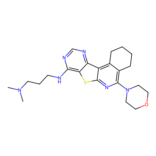 N,N-dimethyl-N'-[5-(morpholin-4-yl)-1,2,3,4-tetrahydropyrimido[4',5':4,5]thieno[2,3-c]isoquinolin-8-yl]propane-1,3-diamine structure