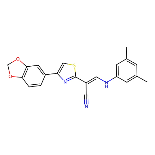 (E)-2-(4-(benzo[d][1,3]dioxol-5-yl)thiazol-2-yl)-3-((3,5-dimethylphenyl)amino)acrylonitrile structure