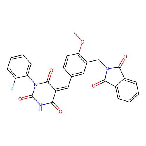 (Z)-5-(3-((1,3-dioxoisoindolin-2-yl)methyl)-4-methoxybenzylidene)-1-(2-fluorophenyl)pyrimidine-2,4,6(1H,3H,5H)-trione structure