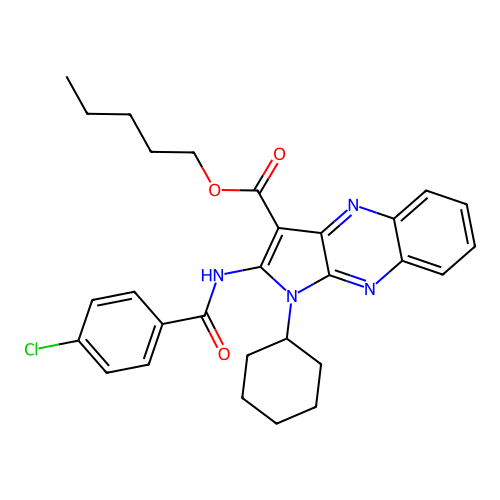 pentyl 2-(4-chlorobenzamido)-1-cyclohexyl-1H-pyrrolo[2,3-b]quinoxaline-3-carboxylate structure
