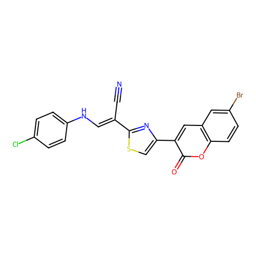 (2E)-2-[4-(6-bromo-2-oxo-2H-chromen-3-yl)-1,3-thiazol-2-yl]-3-[(4-chlorophenyl)amino]prop-2-enenitrile structure