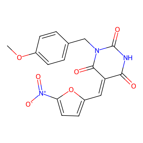 (5Z)-5-[(5-nitro-2-furyl)methylene]-1-p-anisyl-barbituric acid structure