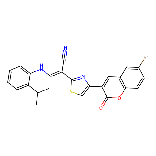 (2E)-2-[4-(6-bromo-2-oxo-2H-chromen-3-yl)-1,3-thiazol-2-yl]-3-{[2-(propan-2-yl)phenyl]amino}prop-2-enenitrile structure