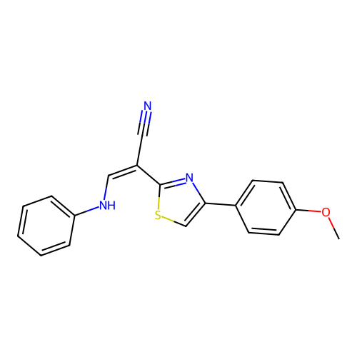 (Z)-2-(4-(4-methoxyphenyl)thiazol-2-yl)-3-(phenylamino)acrylonitrile structure