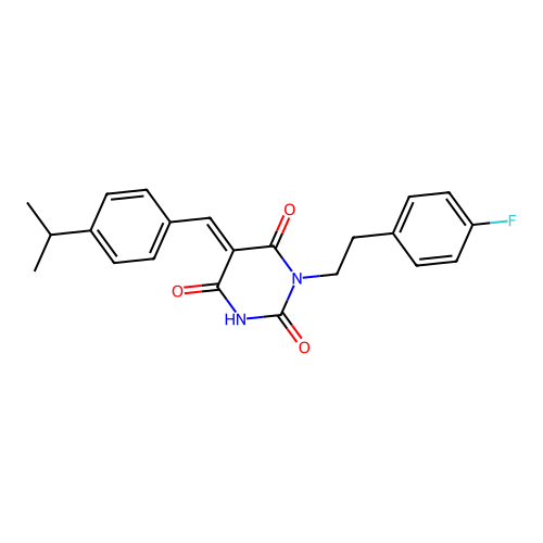 (E)-1-(4-fluorophenethyl)-5-(4-isopropylbenzylidene)pyrimidine-2,4,6(1H,3H,5H)-trione structure