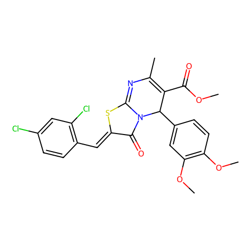 (Z)-methyl 2-(2,4-dichlorobenzylidene)-5-(3,4-dimethoxyphenyl)-7-methyl-3-oxo-3,5-dihydro-2H-thiazolo[3,2-a]pyrimidine-6-carboxylate structure