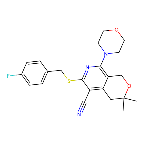 6-((4-fluorobenzyl)thio)-3,3-dimethyl-8-morpholino-3,4-dihydro-1H-pyrano[3,4-c]pyridine-5-carbonitrile structure