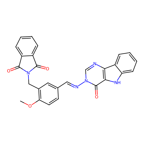 (E)-2-(2-methoxy-5-(((4-oxo-4,5-dihydro-3H-pyrimido[5,4-b]indol-3-yl)imino)methyl)benzyl)isoindoline-1,3-dione structure