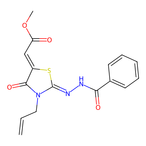 Methyl 2-(3-allyl-2-(2-benzoylhydrazono)-4-oxothiazolidin-5-ylidene)acetate structure
