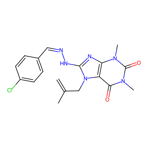 8-[(2Z)-2-[(4-chlorophenyl)methylidene]hydrazinyl]-1,3-dimethyl-7-(2-methylprop-2-enyl)purine-2,6-dione structure