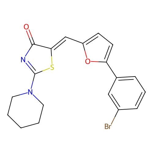 (5Z)-5-[[5-(3-bromophenyl)furan-2-yl]methylidene]-2-piperidin-1-yl-1,3-thiazol-4-one structure