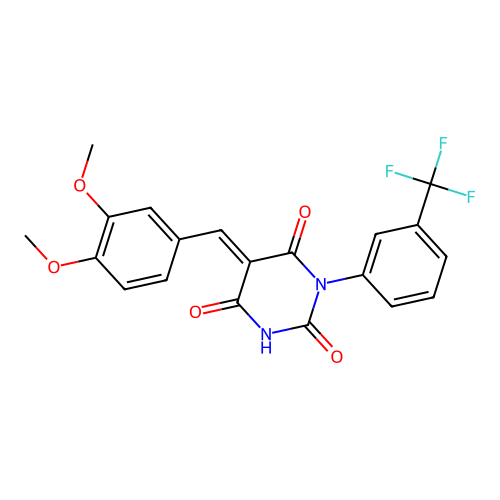 (E)-5-(3,4-dimethoxybenzylidene)-1-(3-(trifluoromethyl)phenyl)pyrimidine-2,4,6(1H,3H,5H)-trione structure
