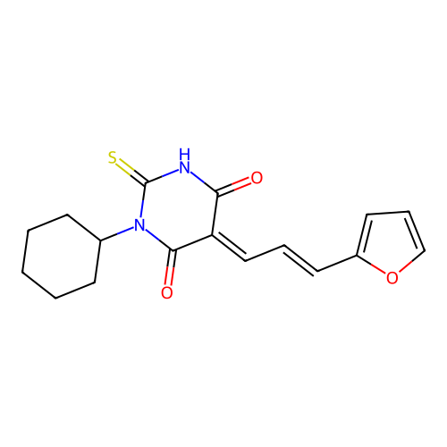 (5E)-1-cyclohexyl-5-[(E)-3-(furan-2-yl)prop-2-enylidene]-2-sulfanylidene-1,3-diazinane-4,6-dione structure