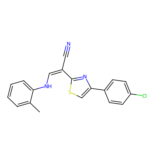 (Z)-2-(4-(4-chlorophenyl)thiazol-2-yl)-3-(o-tolylamino)acrylonitrile structure