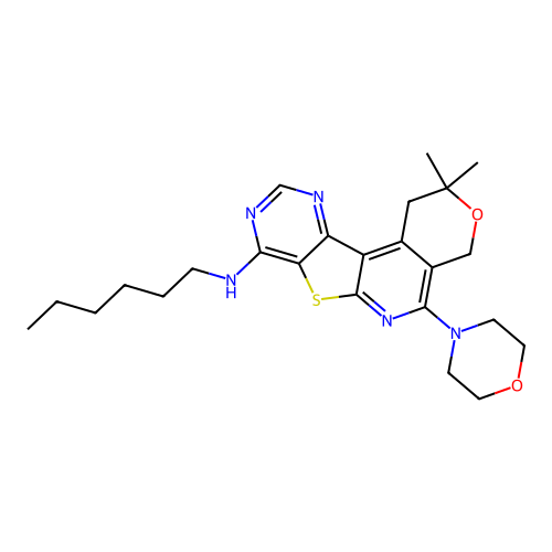 N-hexyl-2,2-dimethyl-5-(morpholin-4-yl)-1,4-dihydro-2H-pyrano[4'',3'':4',5']pyrido[3',2':4,5]thieno[3,2-d]pyrimidin-8-amine structure