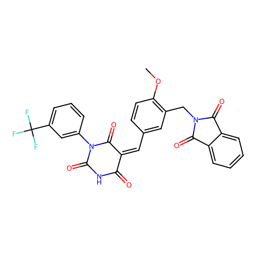 (Z)-5-(3-((1,3-dioxoisoindolin-2-yl)methyl)-4-methoxybenzylidene)-1-(3-(trifluoromethyl)phenyl)pyrimidine-2,4,6(1H,3H,5H)-trione structure