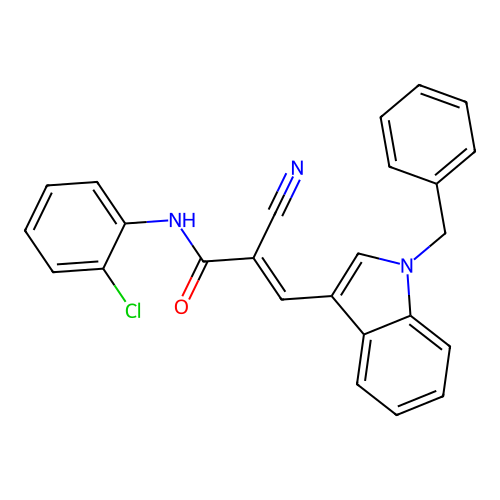 (2E)-N-(2-chlorophenyl)-2-cyano-3-[1-benzylindol-3-yl]prop-2-enamide structure