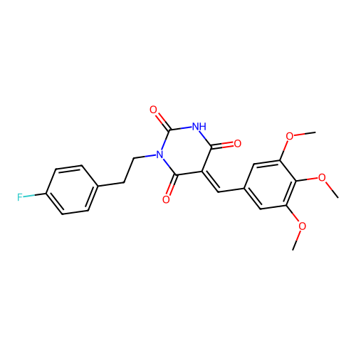 (E)-1-(4-fluorophenethyl)-5-(3,4,5-trimethoxybenzylidene)pyrimidine-2,4,6(1H,3H,5H)-trione structure