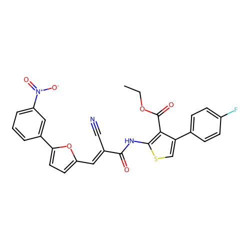 (E)-ethyl 2-(2-cyano-3-(5-(3-nitrophenyl)furan-2-yl)acrylamido)-4-(4-fluorophenyl)thiophene-3-carboxylate structure