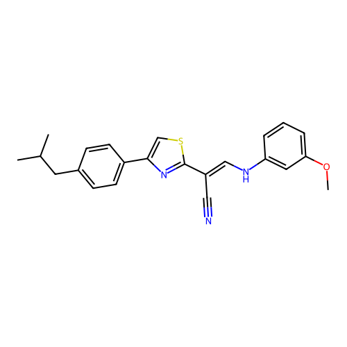 (E)-2-(4-(4-isobutylphenyl)thiazol-2-yl)-3-((3-methoxyphenyl)amino)acrylonitrile structure
