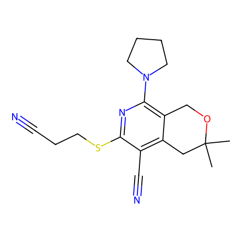 6-((2-cyanoethyl)thio)-3,3-dimethyl-8-(pyrrolidin-1-yl)-3,4-dihydro-1H-pyrano[3,4-c]pyridine-5-carbonitrile structure