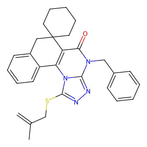4-benzyl-1-((2-methylallyl)thio)-4H-spiro[benzo[h][1,2,4]triazolo[4,3-a]quinazoline-6,1'-cyclohexan]-5(7H)-one structure