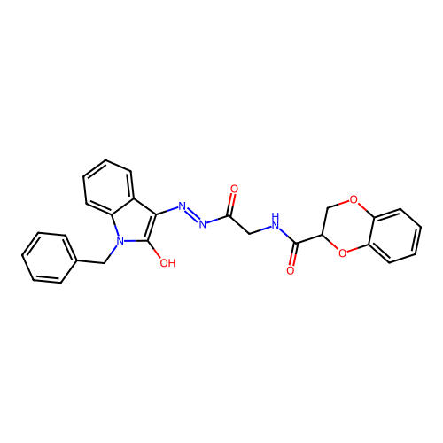 N-{2-[(2Z)-2-(1-benzyl-2-oxo-1,2-dihydro-3H-indol-3-ylidene)hydrazinyl]-2-oxoethyl}-2,3-dihydro-1,4-benzodioxine-2-carboxamide (non-preferred name) structure