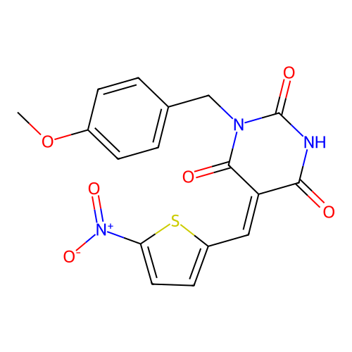 (5Z)-1-[(4-methoxyphenyl)methyl]-5-[(5-nitrothiophen-2-yl)methylidene]-1,3-diazinane-2,4,6-trione structure