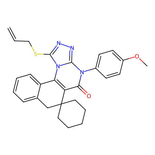 1-(allylthio)-4-(4-methoxyphenyl)-4H-spiro[benzo[h][1,2,4]triazolo[4,3-a]quinazoline-6,1'-cyclohexan]-5(7H)-one structure