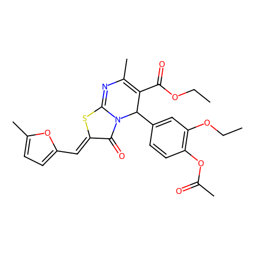(Z)-ethyl 5-(4-acetoxy-3-ethoxyphenyl)-7-methyl-2-((5-methylfuran-2-yl)methylene)-3-oxo-3,5-dihydro-2H-thiazolo[3,2-a]pyrimidine-6-carboxylate structure