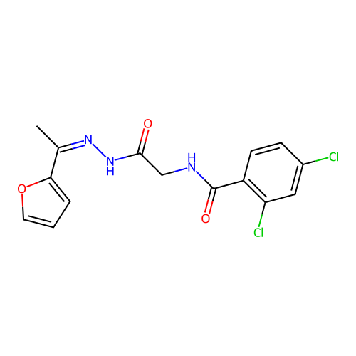 (Z)-2,4-dichloro-N-(2-(2-(1-(furan-2-yl)ethylidene)hydrazinyl)-2-oxoethyl)benzamide structure