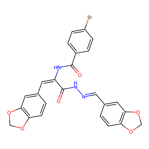 N-((E)-1-(benzo[d][1,3]dioxol-5-yl)-3-((E)-2-(benzo[d][1,3]dioxol-5-ylmethylene)hydrazinyl)-3-oxoprop-1-en-2-yl)-4-bromobenzamide structure
