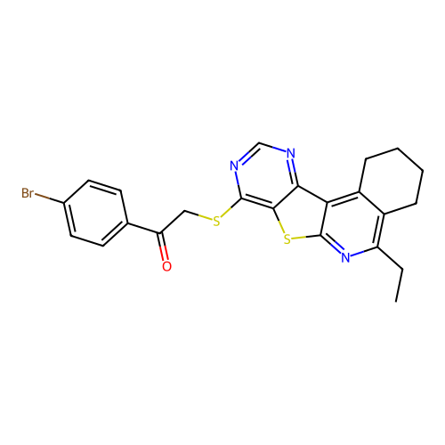 1-(4-bromophenyl)-2-((5-ethyl-1,2,3,4-tetrahydropyrimido[4',5':4,5]thieno[2,3-c]isoquinolin-8-yl)thio)ethanone structure
