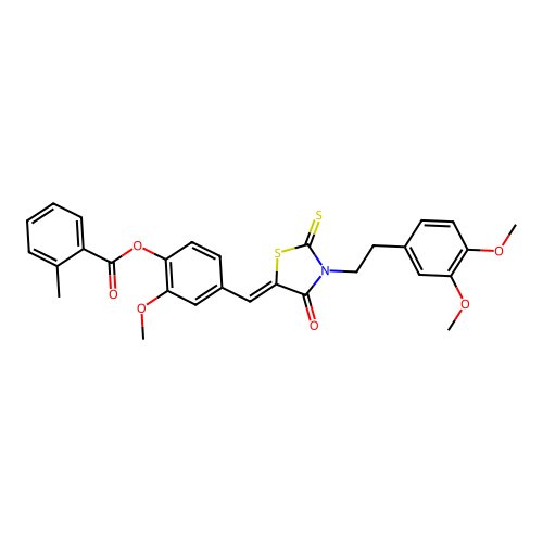 4-[(Z)-{3-[2-(3,4-dimethoxyphenyl)ethyl]-4-oxo-2-thioxo-1,3-thiazolidin-5-ylidene}methyl]-2-methoxyphenyl 2-methylbenzoate structure