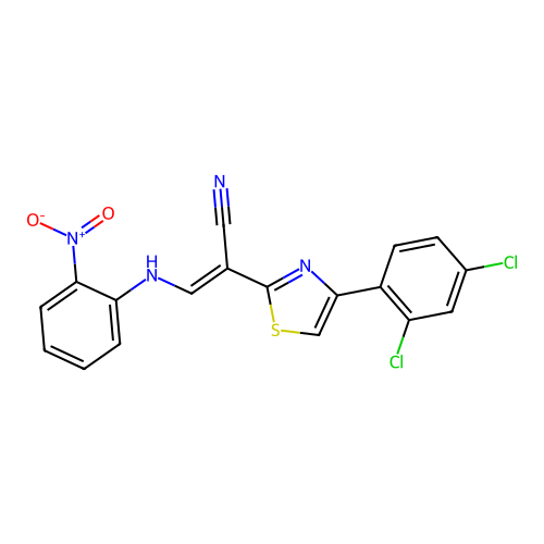 (E)-2-(4-(2,4-dichlorophenyl)thiazol-2-yl)-3-((2-nitrophenyl)amino)acrylonitrile structure