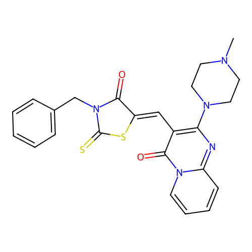 3-[(Z)-(3-benzyl-4-oxo-2-thioxo-1,3-thiazolidin-5-ylidene)methyl]-2-(4-methylpiperazin-1-yl)-4H-pyrido[1,2-a]pyrimidin-4-one structure