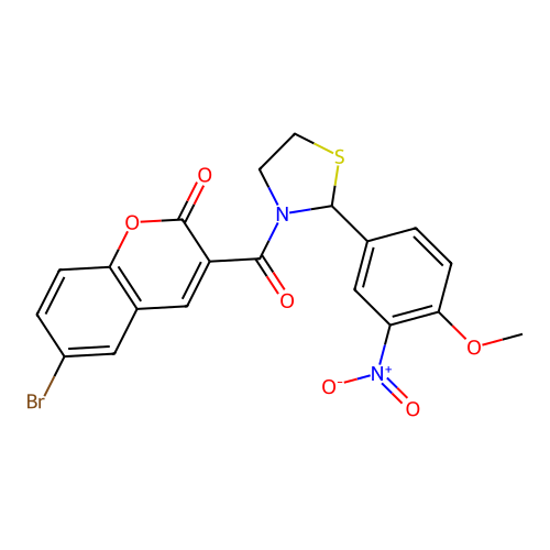 6-bromo-3-(2-(4-methoxy-3-nitrophenyl)thiazolidine-3-carbonyl)-2H-chromen-2-one structure