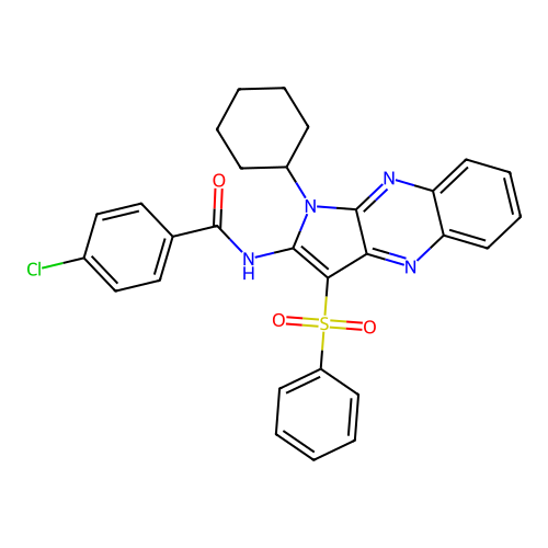 4-chloro-N-(1-cyclohexyl-3-(phenylsulfonyl)-1H-pyrrolo[2,3-b]quinoxalin-2-yl)benzamide structure