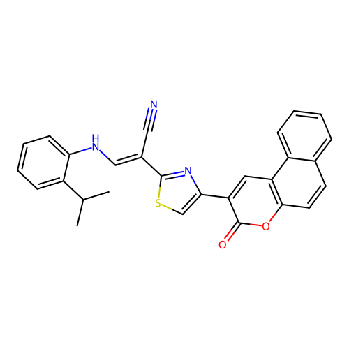 (2E)-2-[4-(3-oxo-3H-benzo[f]chromen-2-yl)-1,3-thiazol-2-yl]-3-{[2-(propan-2-yl)phenyl]amino}prop-2-enenitrile structure