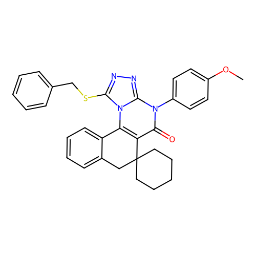 1-(benzylsulfanyl)-4-(4-methoxyphenyl)-4H-spiro[benzo[h][1,2,4]triazolo[4,3-a]quinazoline-6,1'-cyclohexan]-5(7H)-one structure