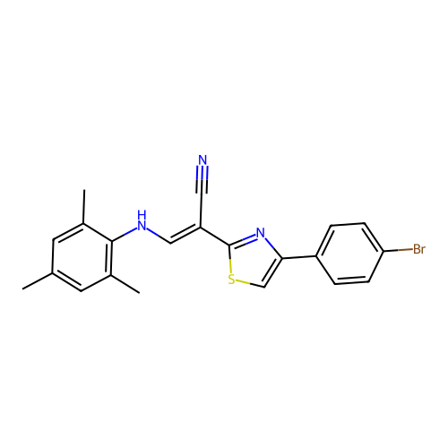 (E)-2-(4-(4-bromophenyl)thiazol-2-yl)-3-(mesitylamino)acrylonitrile structure
