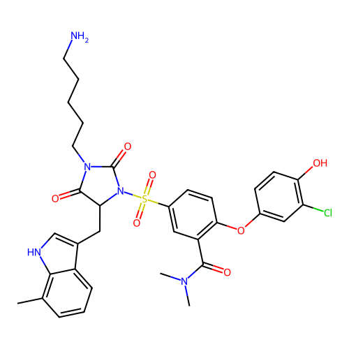 5-((3-(5-Aminopentyl)-5-((7-methyl-1H-indol-3-yl)methyl)-2,4-dioxoimidazolidin-1-yl)sulfonyl)-2-(3-chloro-4-hydroxyphenoxy)-N,N-dimethylbenzamide structure
