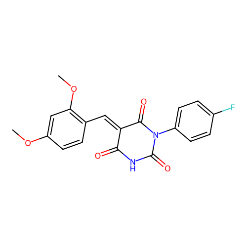 (E)-5-(2,4-dimethoxybenzylidene)-1-(4-fluorophenyl)pyrimidine-2,4,6(1H,3H,5H)-trione structure