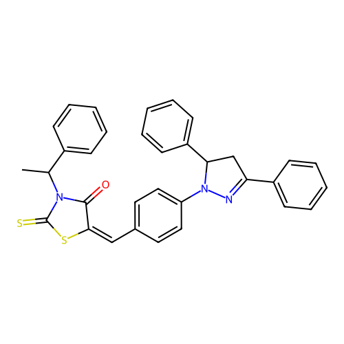(5E)-5-[4-(3,5-diphenyl-4,5-dihydro-1H-pyrazol-1-yl)benzylidene]-3-(1-phenylethyl)-2-thioxo-1,3-thiazolidin-4-one structure