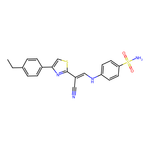 (E)-4-((2-cyano-2-(4-(4-ethylphenyl)thiazol-2-yl)vinyl)amino)benzenesulfonamide structure